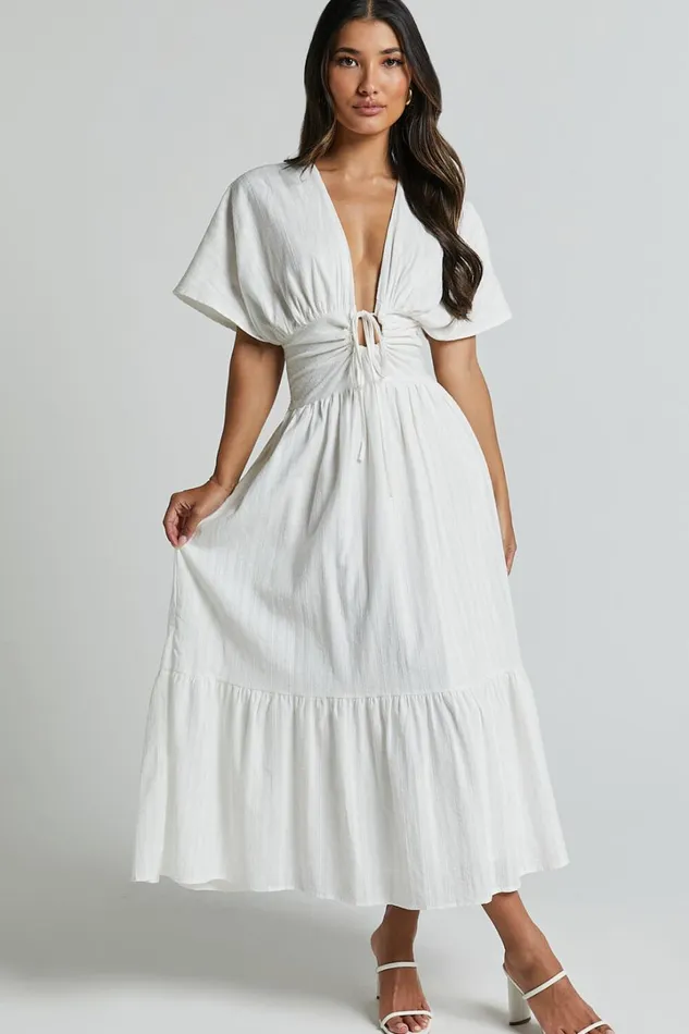Colette Midi Dress 8211 Short Sleeve Plunge Neck Tie A Line Dress In White Women Showpo Dresses
