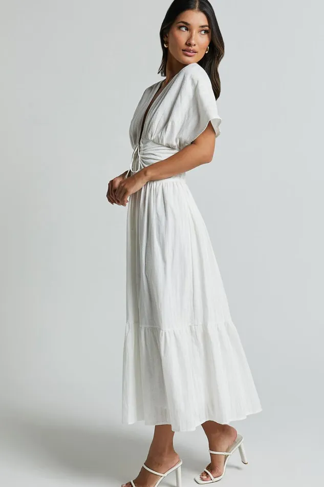 Colette Midi Dress 8211 Short Sleeve Plunge Neck Tie A Line Dress In White Women Showpo Dresses