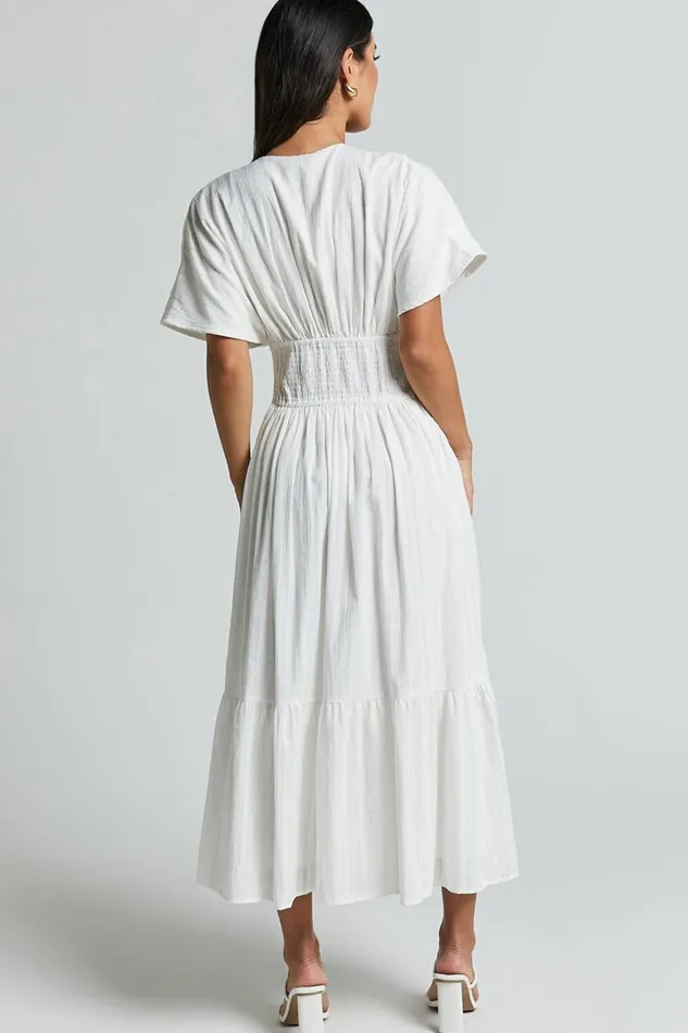 Colette Midi Dress 8211 Short Sleeve Plunge Neck Tie A Line Dress In White Women Showpo Dresses