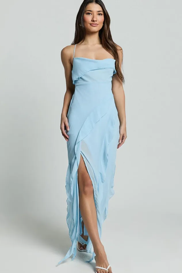 Connie Midi Dress Ruffle Detail Dress In Blue Women Showpo Dresses