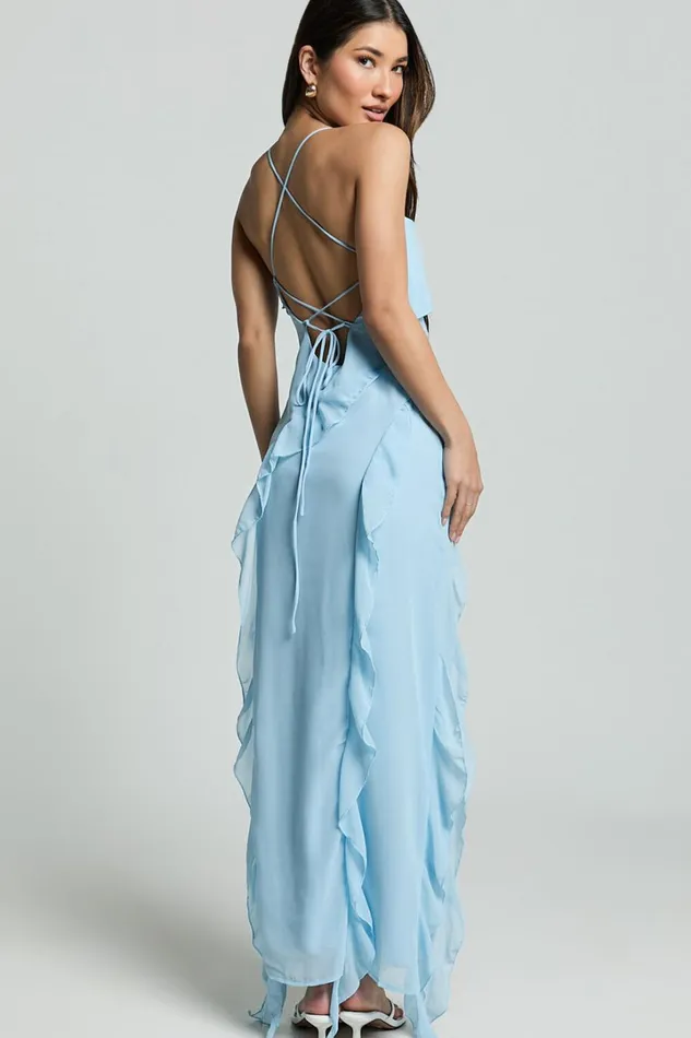Connie Midi Dress Ruffle Detail Dress In Blue Women Showpo Dresses