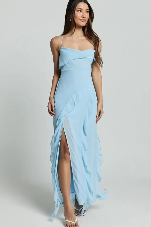Connie Midi Dress Ruffle Detail Dress In Blue Women Showpo Dresses