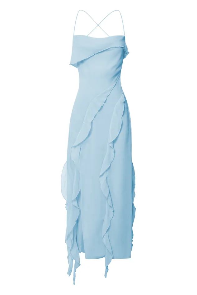 Connie Midi Dress Ruffle Detail Dress In Blue Women Showpo Dresses