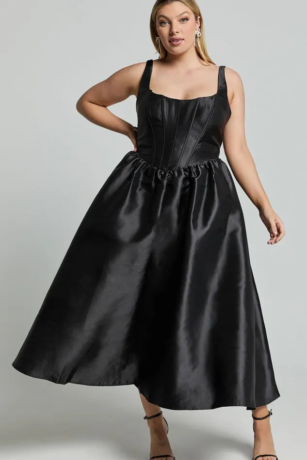 Courtney Midi Dress 8211 Corset Panel Low Back Dress In Black Women Showpo Curve Clothes