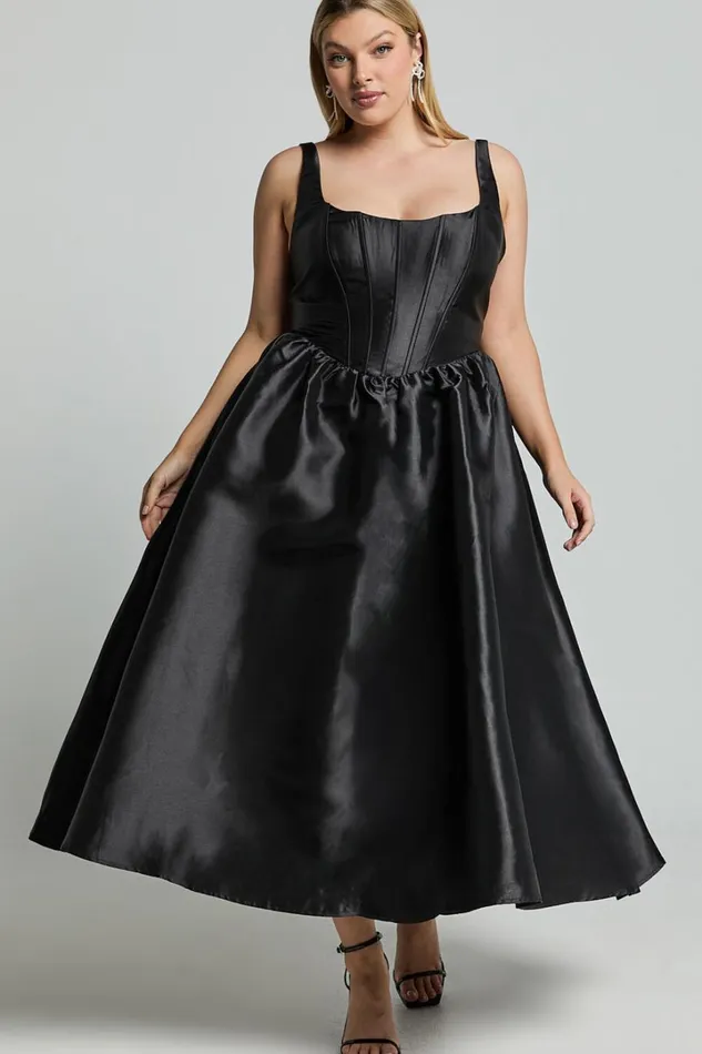 Courtney Midi Dress 8211 Corset Panel Low Back Dress In Black Women Showpo Curve Clothes