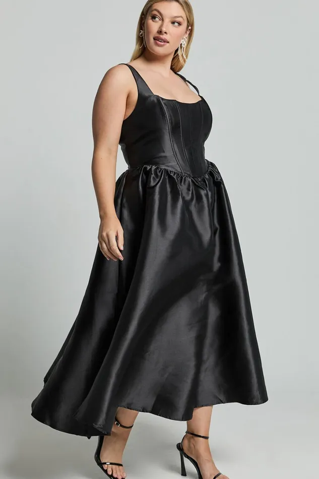 Courtney Midi Dress 8211 Corset Panel Low Back Dress In Black Women Showpo Curve Clothes