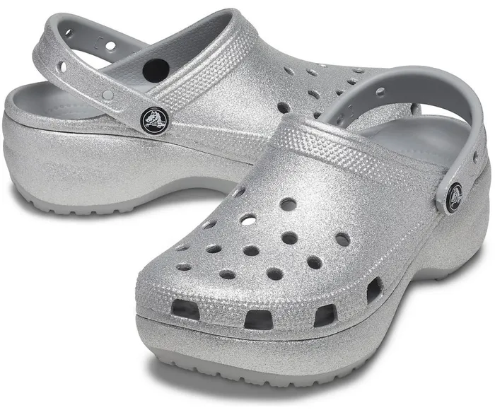Crocs Classic Platform Glitter Clog Silver Womens Clogs
