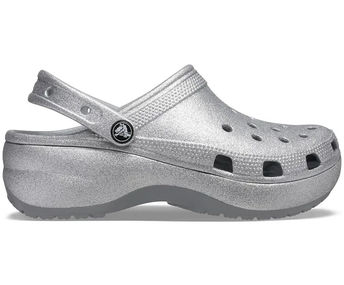 Crocs Classic Platform Glitter Clog Silver Womens Clogs