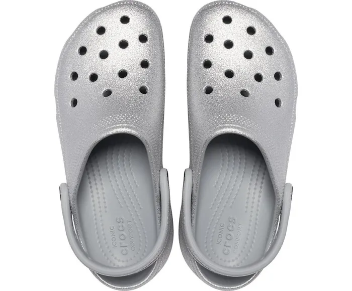 Crocs Classic Platform Glitter Clog Silver Womens Clogs