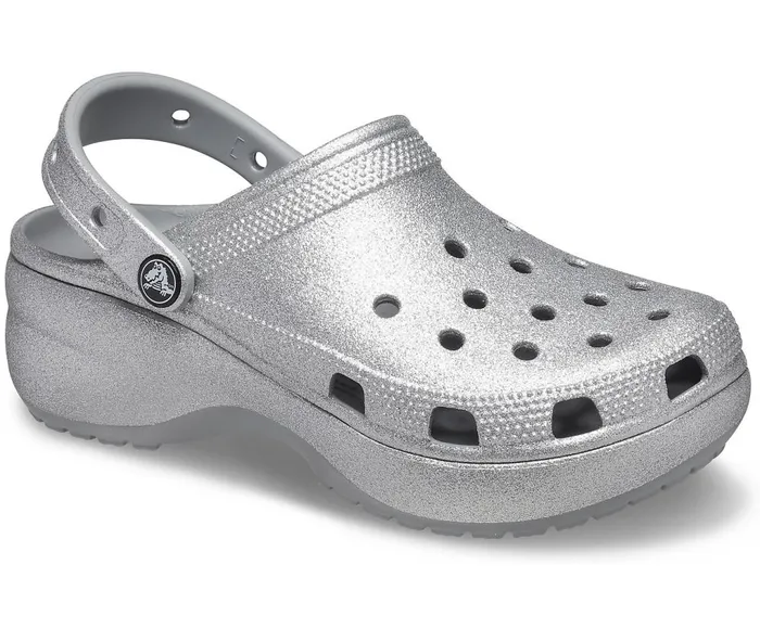 Crocs Classic Platform Glitter Clog Silver Womens Clogs