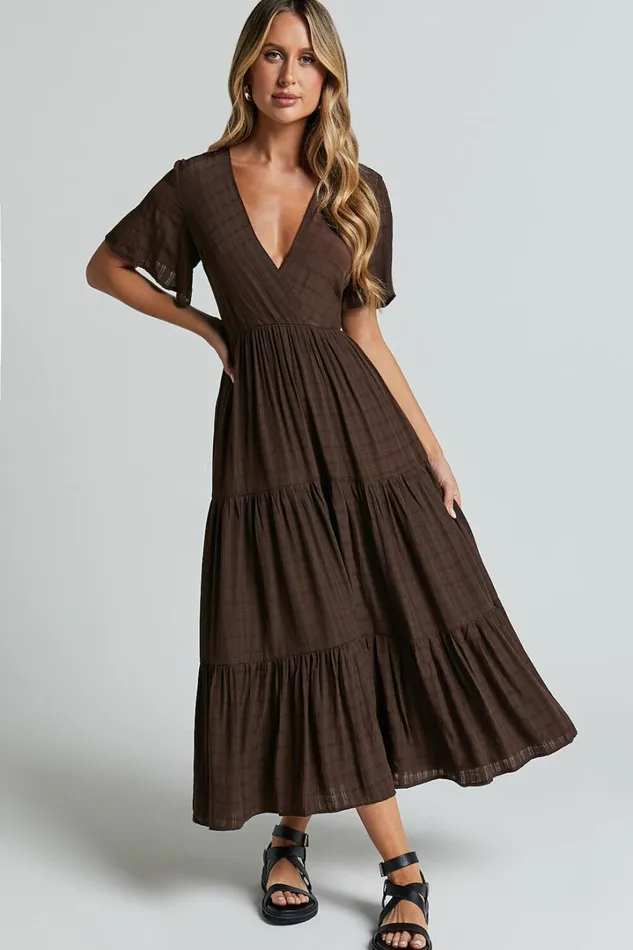 Cryzel Midi Dress 8211 Flutter Sleeve Tiered Dress In Chocolate Women Showpo Curve Clothes Cryzel Midi Dress 8211 Flutter Sleeve Tiered Dress In Chocolate Women Showpo Curve Clothes