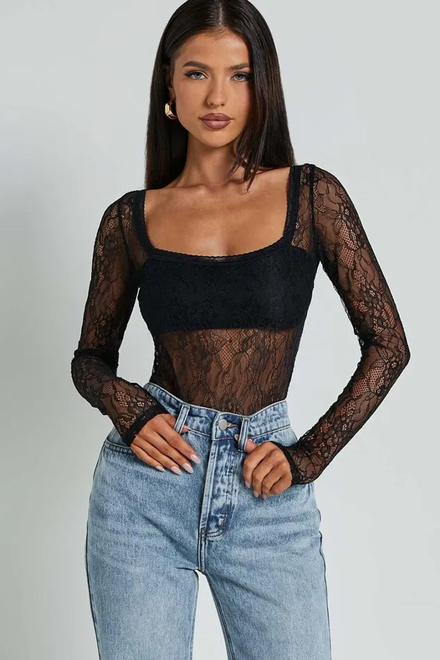 Cynthia Bodysuit 8211 Long Sleeve Lace Bodysuit In Black Women Showpo Tops