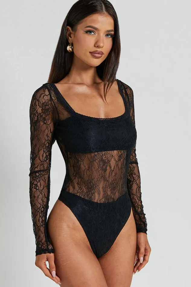 Cynthia Bodysuit 8211 Long Sleeve Lace Bodysuit In Black Women Showpo Tops