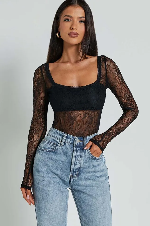 Cynthia Bodysuit 8211 Long Sleeve Lace Bodysuit In Black Women Showpo Tops