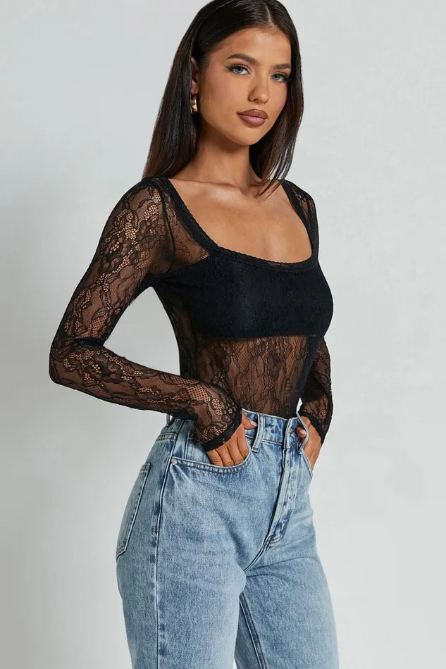 Cynthia Bodysuit 8211 Long Sleeve Lace Bodysuit In Black Women Showpo Tops