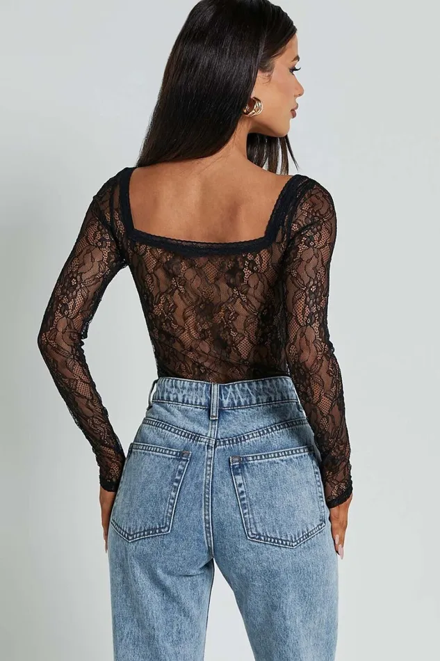 Cynthia Bodysuit 8211 Long Sleeve Lace Bodysuit In Black Women Showpo Tops