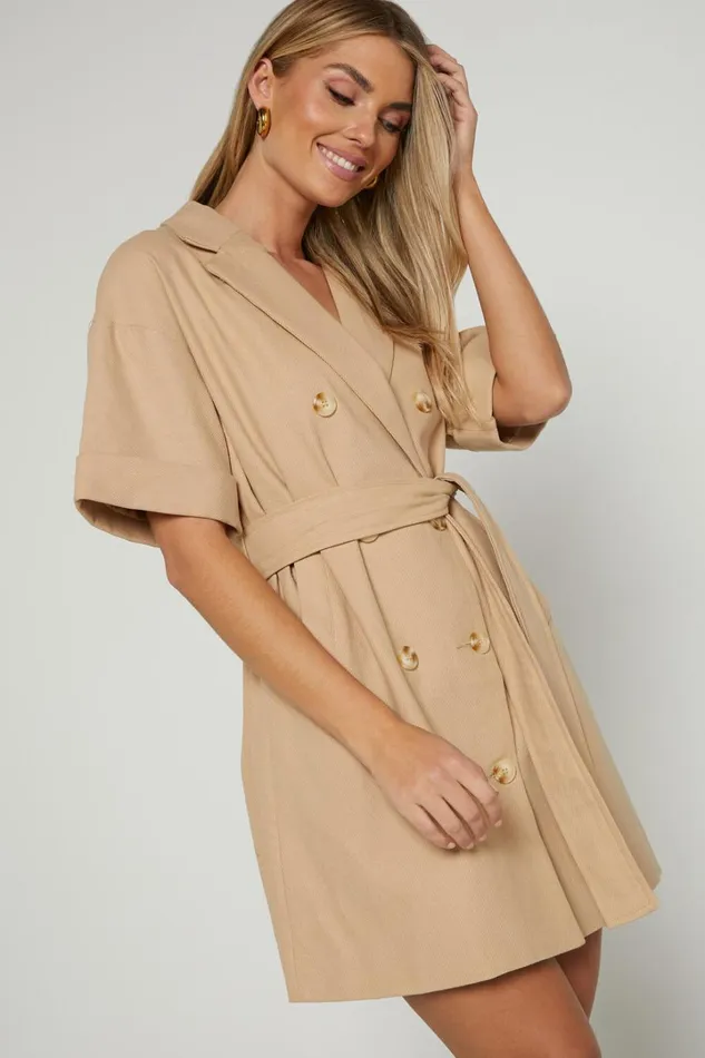 Cyrus Mini Dress 8211 Waist Wrap Short Sleeve Blazer Mini Dress In Stone Women Showpo Curve Clothes