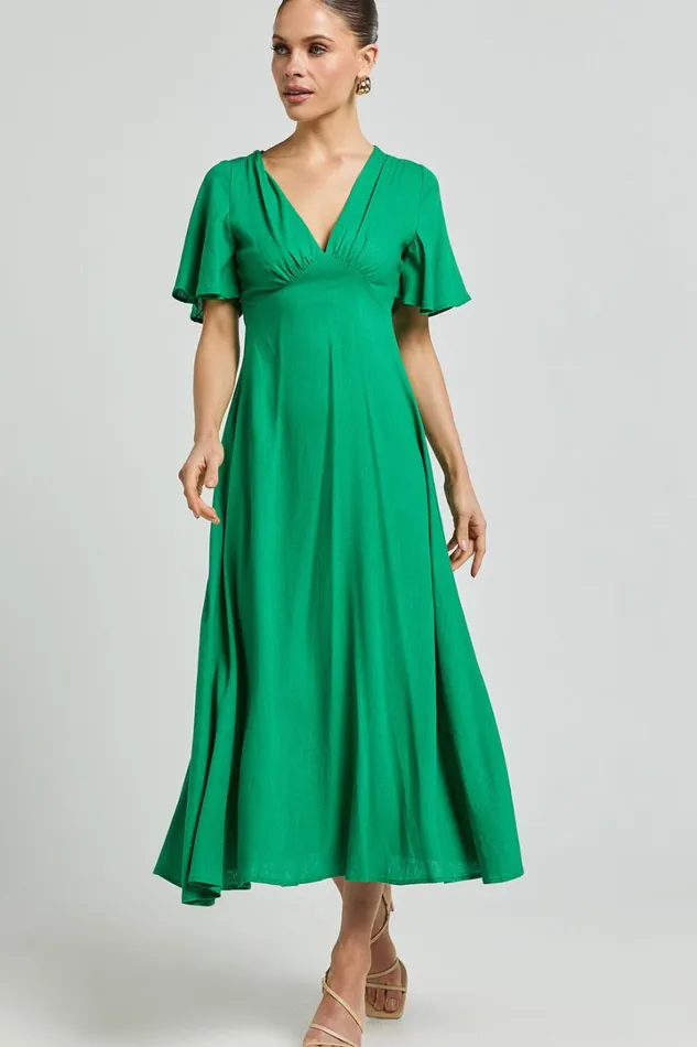Dakota Midi Dress 8211 Linen Look Flutter Sleeve A Line Dress In Green Women Showpo Dresses Dakota Midi Dress 8211 Linen Look Flutter Sleeve A Line Dress In Green Women Showpo Dresses