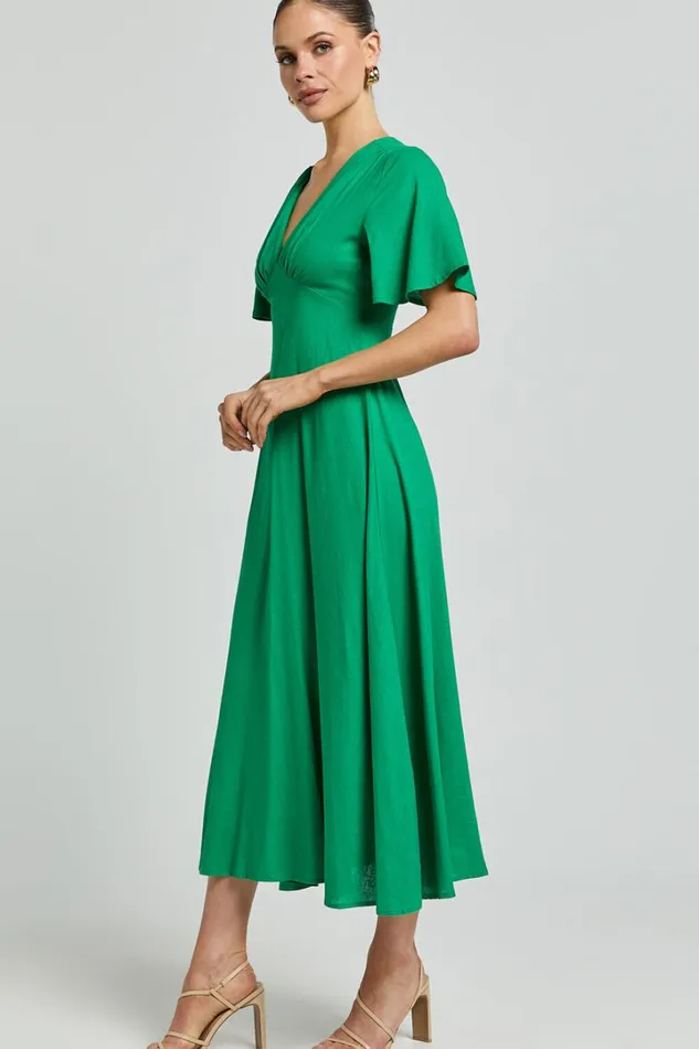 Dakota Midi Dress 8211 Linen Look Flutter Sleeve A Line Dress In Green Women Showpo Dresses
