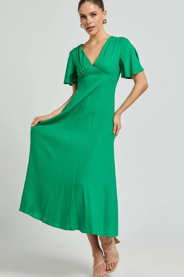 Dakota Midi Dress 8211 Linen Look Flutter Sleeve A Line Dress In Green Women Showpo Dresses