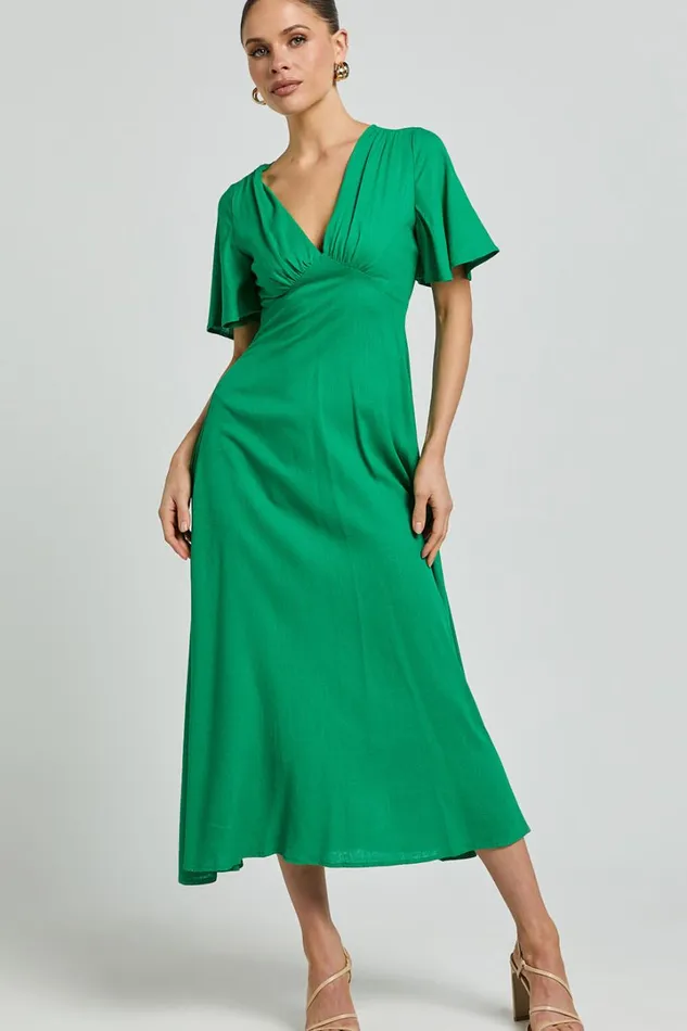 Dakota Midi Dress 8211 Linen Look Flutter Sleeve A Line Dress In Green Women Showpo Dresses