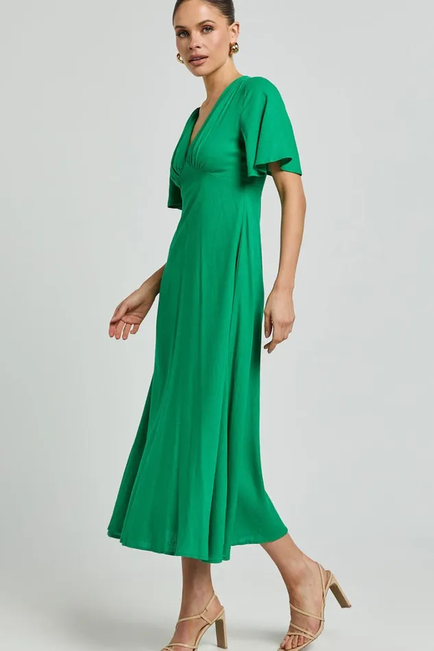 Dakota Midi Dress 8211 Linen Look Flutter Sleeve A Line Dress In Green Women Showpo Dresses
