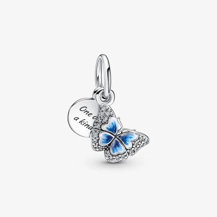 Dangle Charms Women Pandora Blue Butterfly and Quote Double Dangle Charm