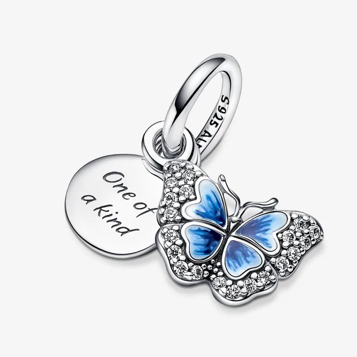 Dangle Charms Women Pandora Blue Butterfly and Quote Double Dangle Charm