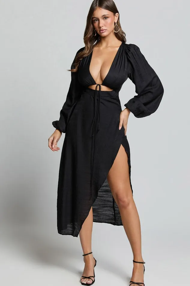 Demieh Midi Dress 8211 Front Cut Out Long Sleeve Dress In Black Women Showpo Curve Clothes