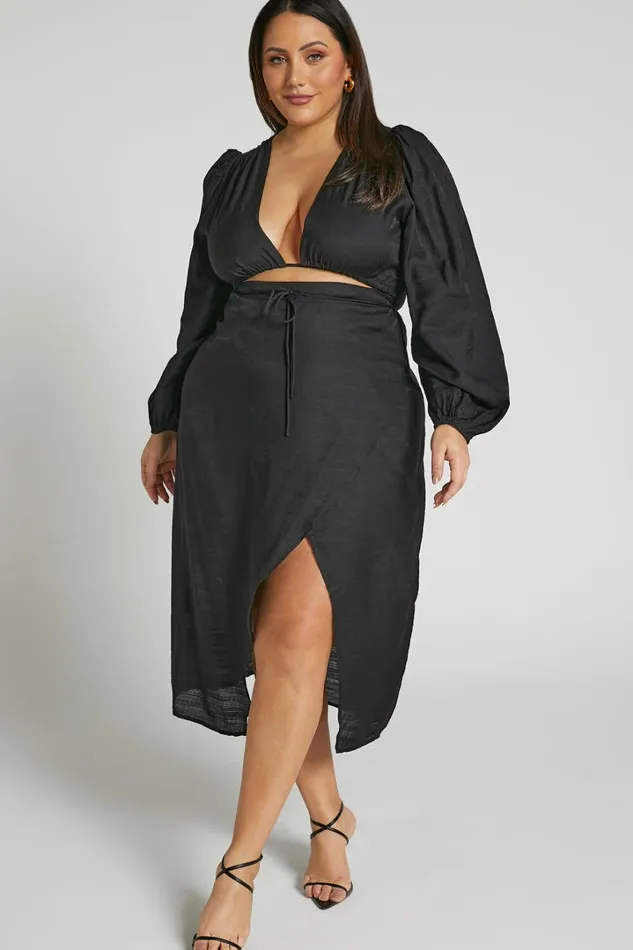 Demieh Midi Dress 8211 Front Cut Out Long Sleeve Dress In Black Women Showpo Curve Clothes