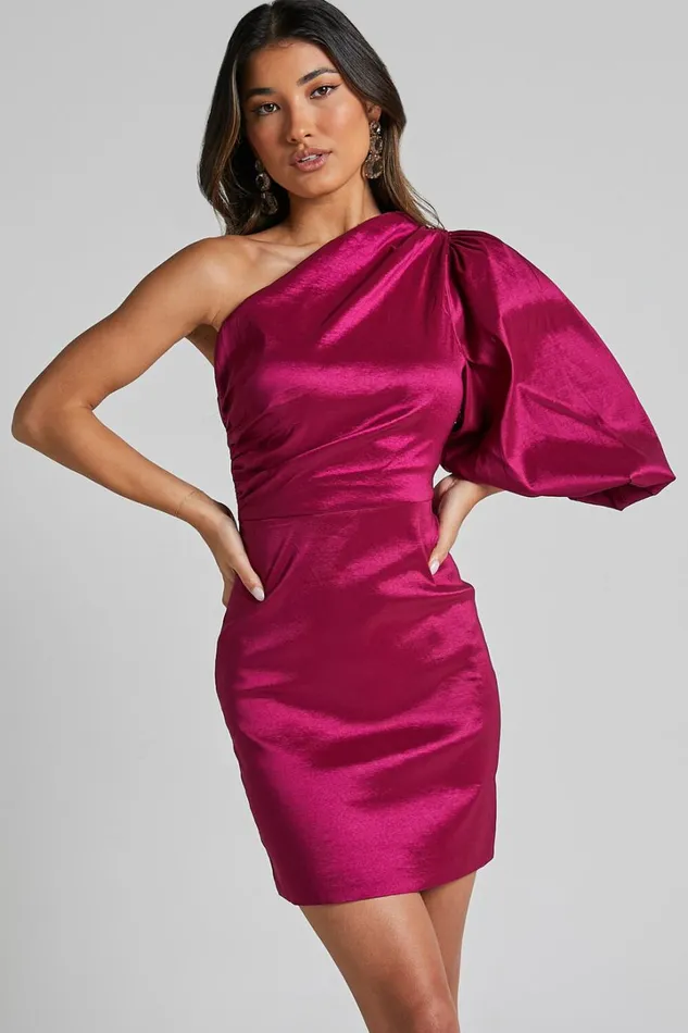 Denjella Mini Dress 8211 34 One Shoulder Puff Sleeve Bodycon Dress In Grape Women Showpo Dresses