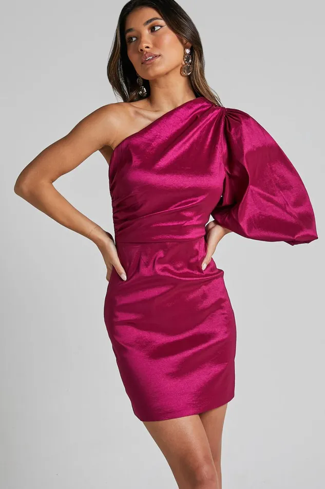 Denjella Mini Dress 8211 34 One Shoulder Puff Sleeve Bodycon Dress In Grape Women Showpo Dresses