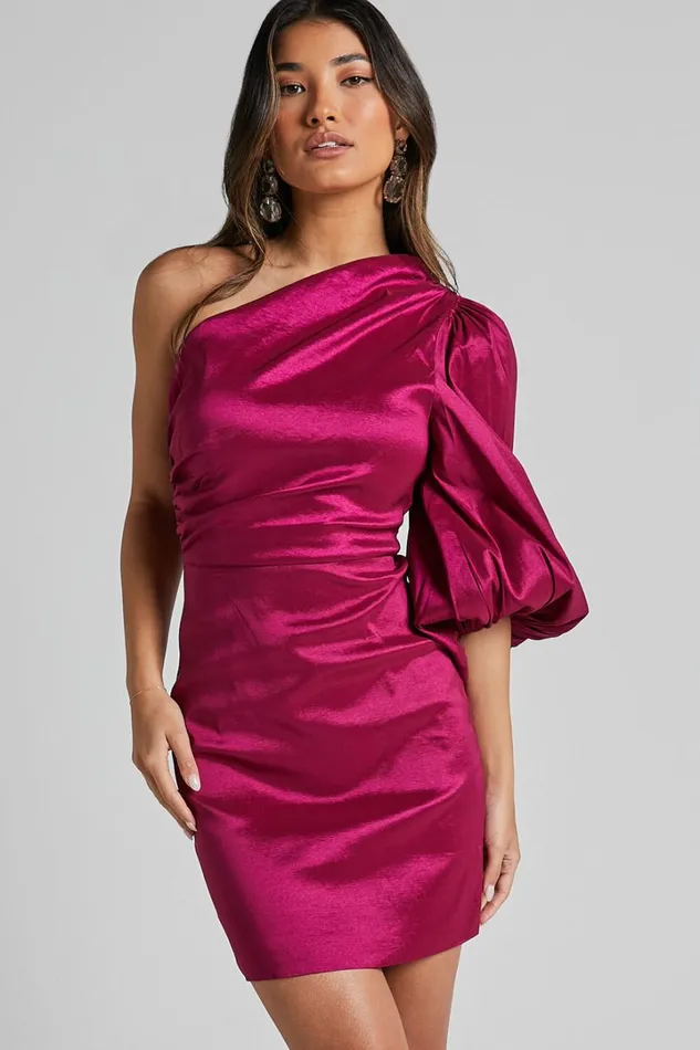 Denjella Mini Dress 8211 34 One Shoulder Puff Sleeve Bodycon Dress In Grape Women Showpo Dresses