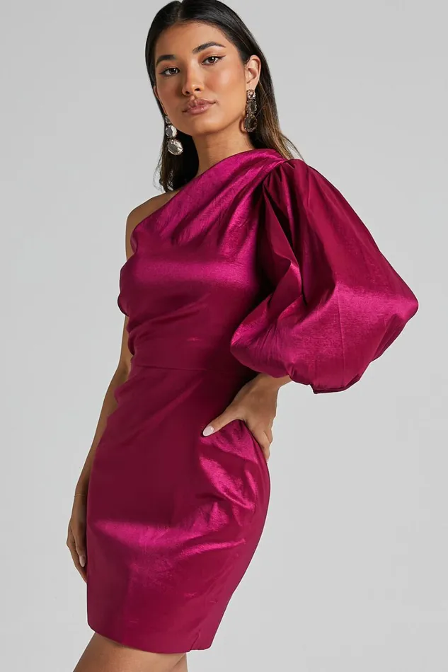 Denjella Mini Dress 8211 34 One Shoulder Puff Sleeve Bodycon Dress In Grape Women Showpo Dresses