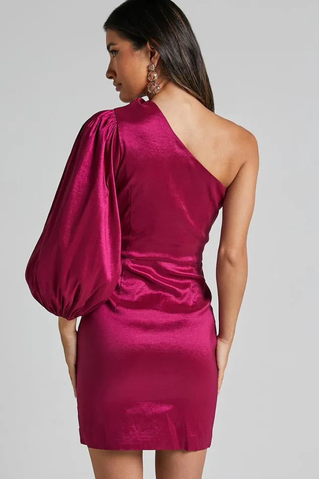 Denjella Mini Dress 8211 34 One Shoulder Puff Sleeve Bodycon Dress In Grape Women Showpo Dresses
