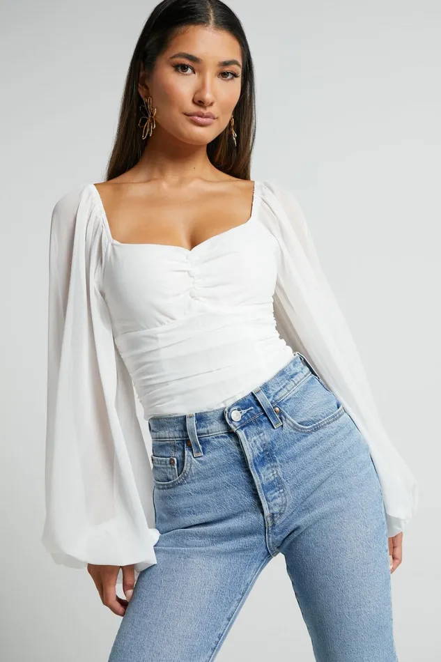 Dermot Bodysuit 8211 Balloon Sleeve Bodysuit In White Women Showpo Tops