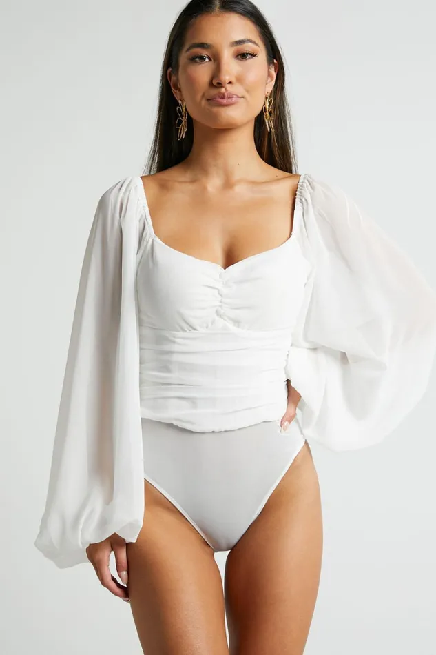 Dermot Bodysuit 8211 Balloon Sleeve Bodysuit In White Women Showpo Tops