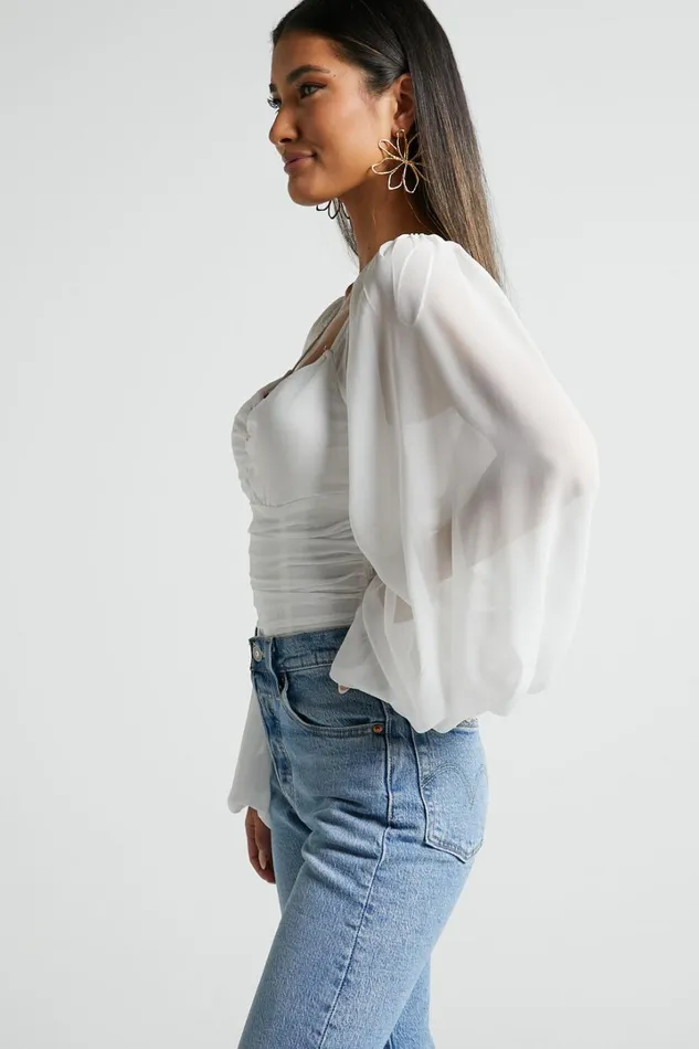 Dermot Bodysuit 8211 Balloon Sleeve Bodysuit In White Women Showpo Tops