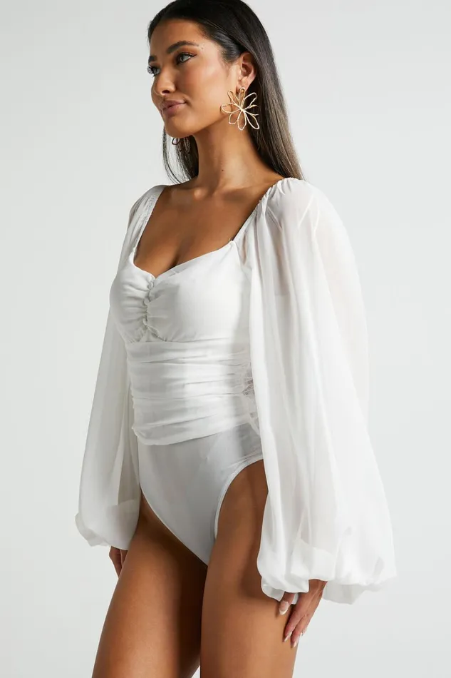 Dermot Bodysuit 8211 Balloon Sleeve Bodysuit In White Women Showpo Tops
