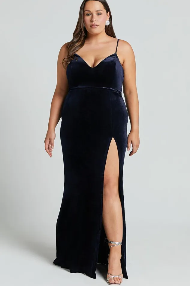 Diamona Midi Dress 8211 Velvet Thigh Split V Neck Dress In Navy Women Showpo Curve Clothes