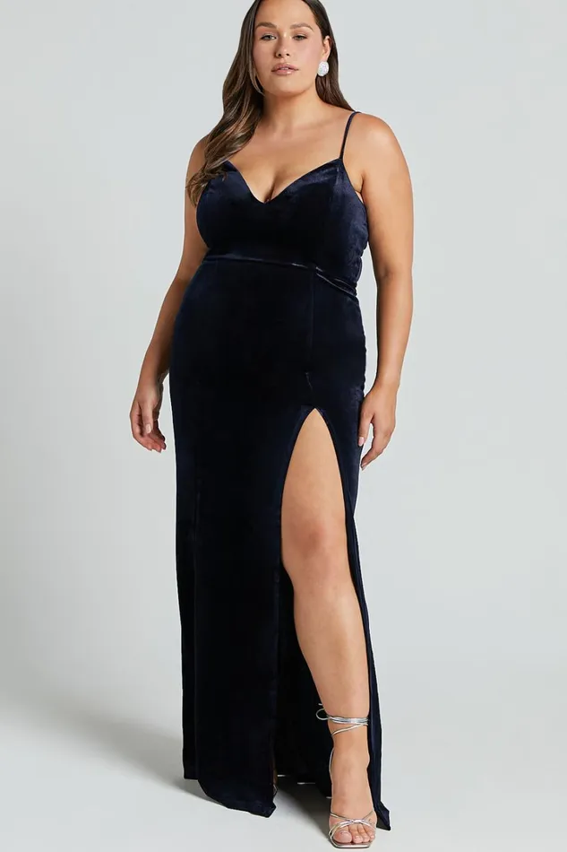 Diamona Midi Dress 8211 Velvet Thigh Split V Neck Dress In Navy Women Showpo Curve Clothes