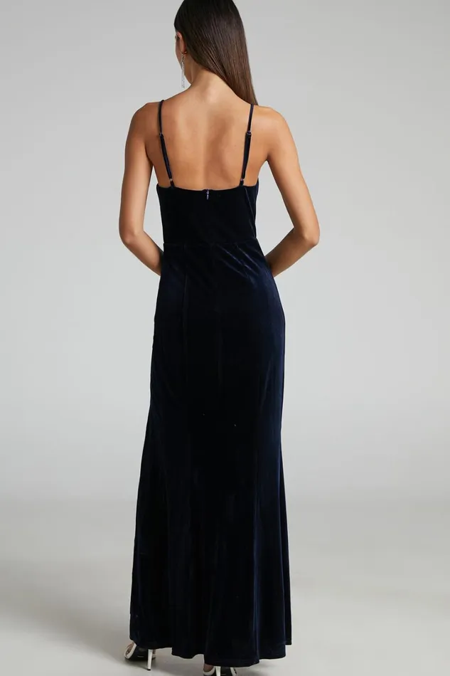 Diamona Midi Dress 8211 Velvet Thigh Split V Neck Dress In Navy Women Showpo Curve Clothes