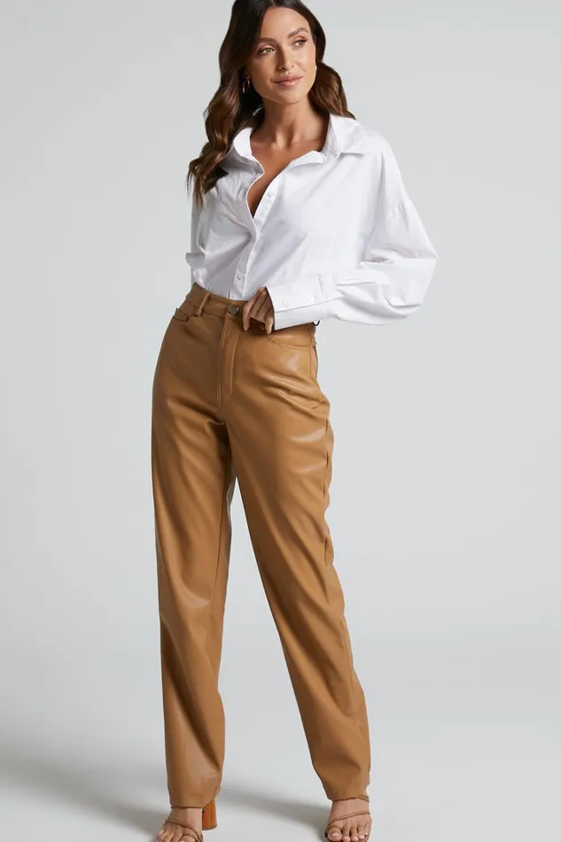Dilyenne Pant 8211 Mid Waist Straight Leg Faux Leather Pant In Beige Women Showpo Pants
