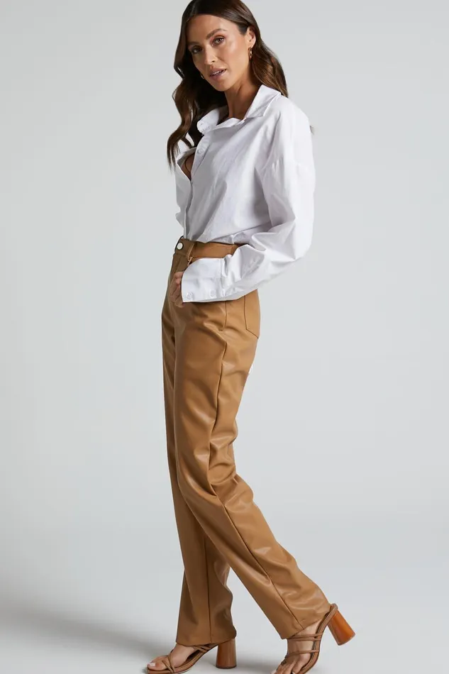 Dilyenne Pant 8211 Mid Waist Straight Leg Faux Leather Pant In Beige Women Showpo Pants