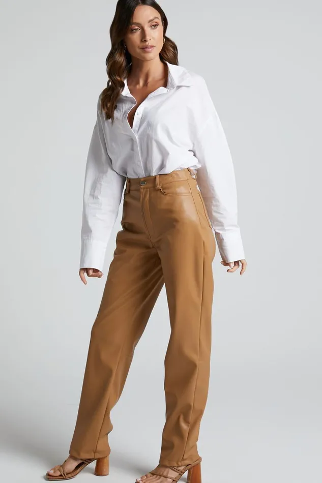 Dilyenne Pant 8211 Mid Waist Straight Leg Faux Leather Pant In Beige Women Showpo Pants