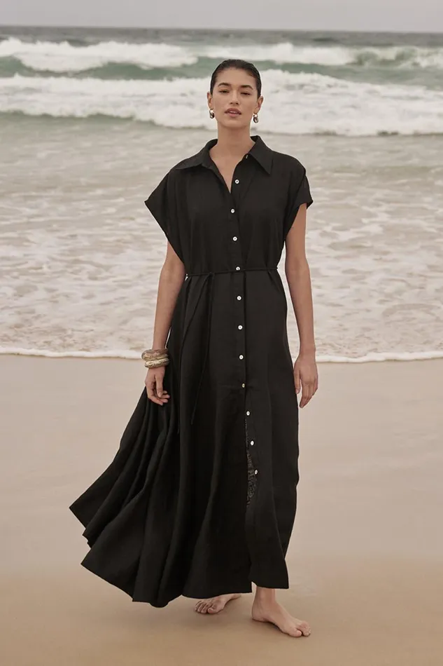 DISSH Linen Dresses LANA BLACK LINEN MIDI SHIRT DRESS 8211 Women