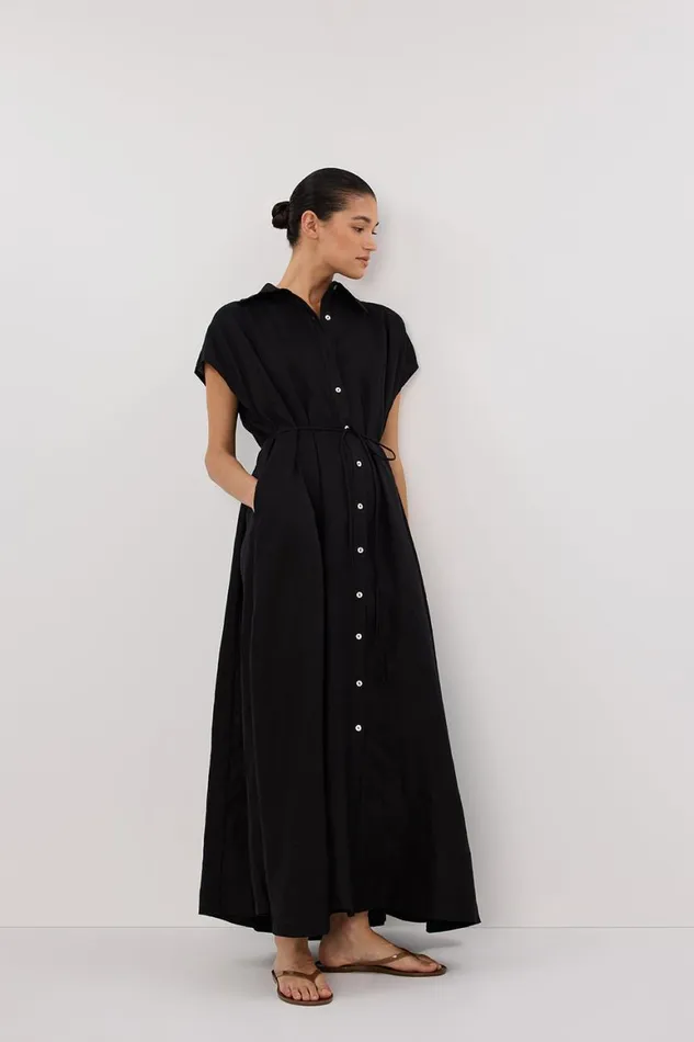 DISSH Linen Dresses LANA BLACK LINEN MIDI SHIRT DRESS 8211 Women