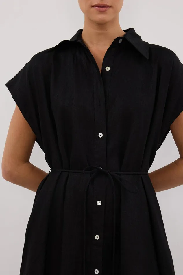 DISSH Linen Dresses LANA BLACK LINEN MIDI SHIRT DRESS 8211 Women