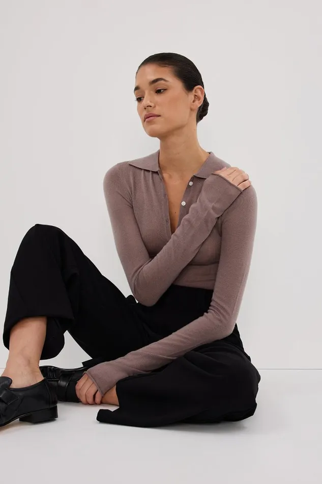 DISSH Long Sleeved JANE TAUPE MERINO POLO KNIT TOP 8211 Women