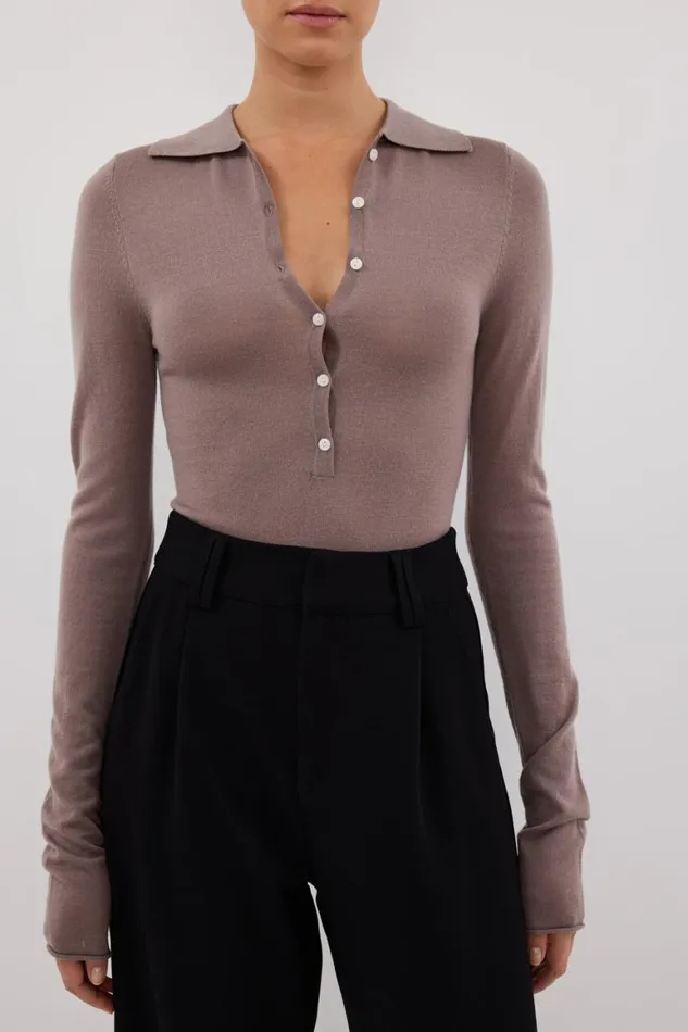 DISSH Long Sleeved JANE TAUPE MERINO POLO KNIT TOP 8211 Women